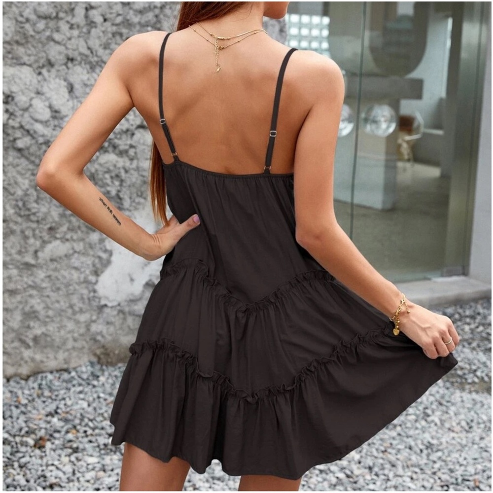 Boho Plunging Neck Ruffle Hem Mini Dress - Picture 8 of 8